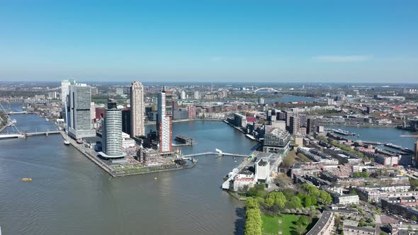 Rotterdam City Skyline in The Netherlands Drone View of the Maas and Office Buildings City View alt