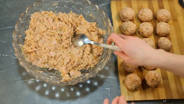 Woman's Hands Preparing Homemade Meatballs From Raw Minced Meat