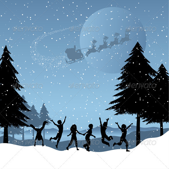 Children playing with santa in the sky - Christmas Seasons/Holidays