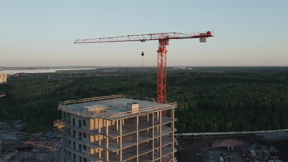Aerial view; drone view of construction site near the forest
