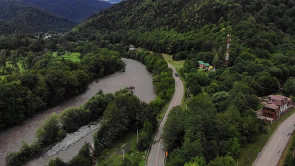 Aerial view of the village in mountain. alt