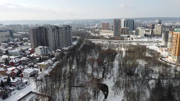 Aerial view Sarzhyn Yar Kharkiv city snowy winter