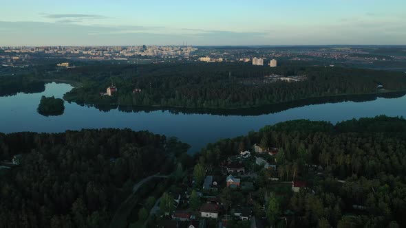 Top View of the Village of Zhdanovichi in the Forest Near the City of Minsk and the Drozdy Reservoir
