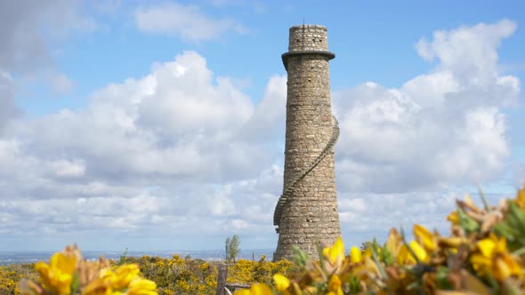 Ruin Of Flue Chimney And Gorse Bushes On Carrickgollogan Hill In Dublin, Ireland. static shot alt
