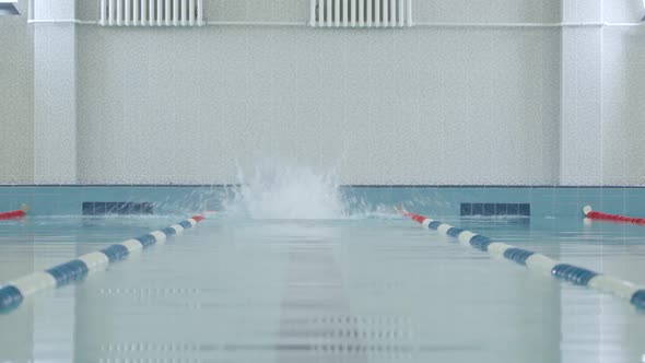 Young Professional Man Swimmer Jumping Into the Water and Swims in the Pool Training in the Water alt