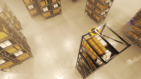 Warehouse industry autonomic robots carrying metal shelves with cardboard boxes. alt