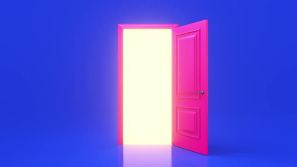 Yellow light inside an open pink door isolated on a blue background ...