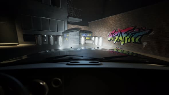 Police car arriving at the crime scene. Old brick wall with fresh graffiti on it alt