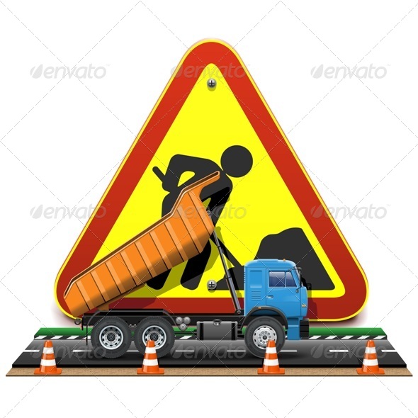 Vector Road Construction Concept with Truck - Industries Business