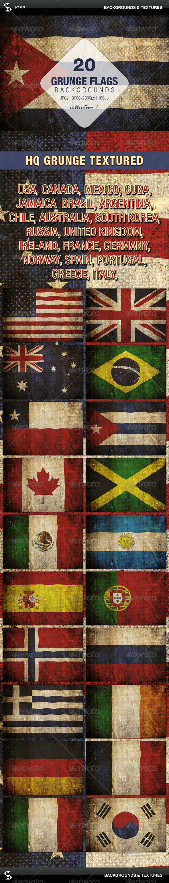 Grunge Flags - 20 countries around the world - Urban Backgrounds