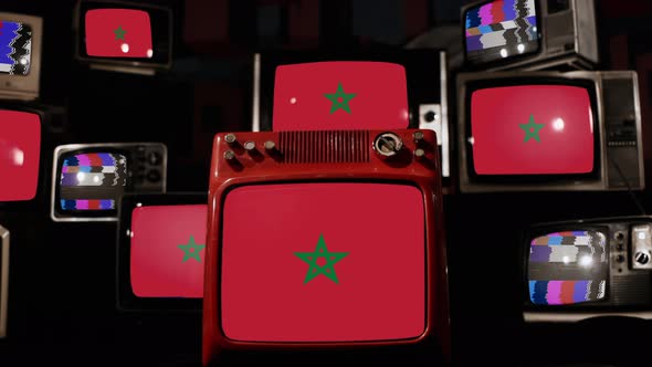 Flag of Morocco on Retro TVs. 4K.