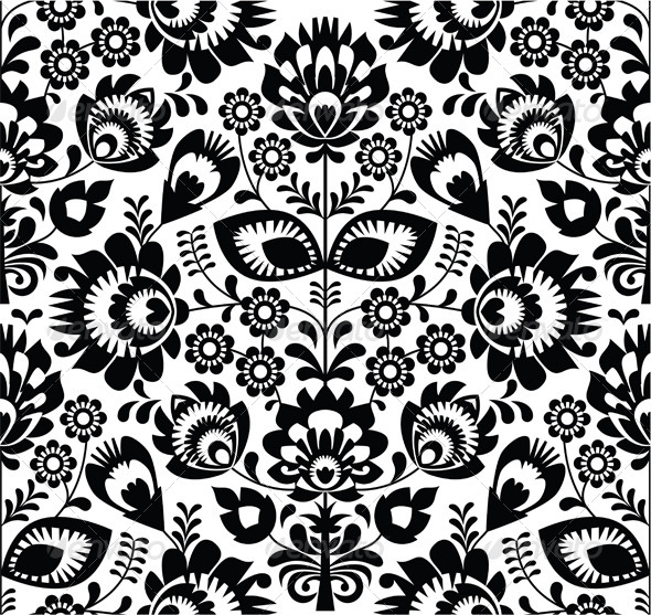 Polish folk seamless pattern in black and white - Patterns Decorative