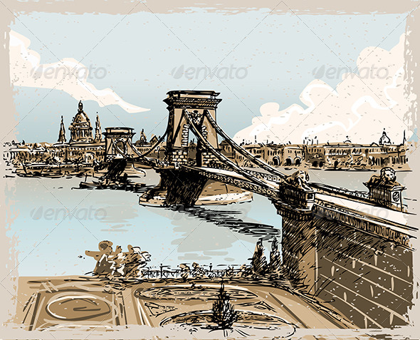 Vintage Hand Drawn View of the Bridge in Budapest - Buildings Objects