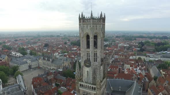 Aerial view of Belfry of Bruges in Market Square
