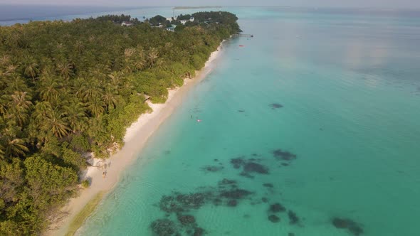 Flight over the coastline of the Maldives. On the one hand, densely growing green trees, and on the alt