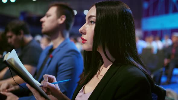 Crowd Viewer Seminar Writed Copybook. Audience Group Business Woman Write Paper alt