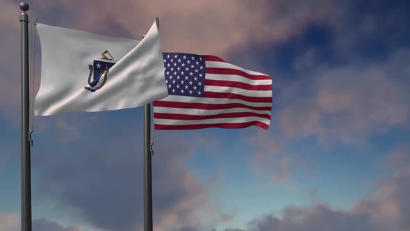 Massachusetts State Flag Waving Along With The National Flag Of The Usa   2 K alt