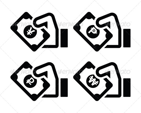 Hand Holding Banknote Icons Set - Concepts Business