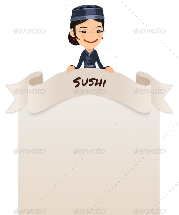 Asian Female Chef Looking at Blank Menu on Top - Backgrounds Decorative