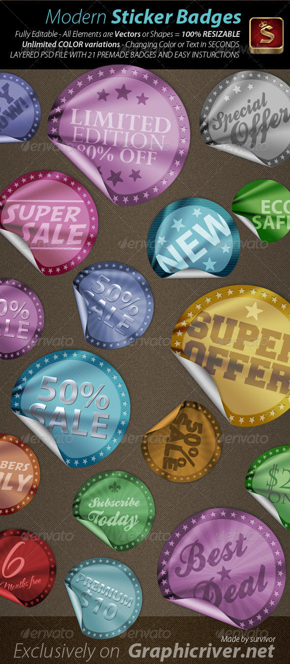 21 Modern Sticker Badges - Unlimited Colors - Badges & Stickers Web Elements