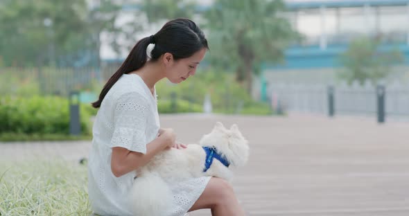 Woman Touch Her Pomeranian Dog alt