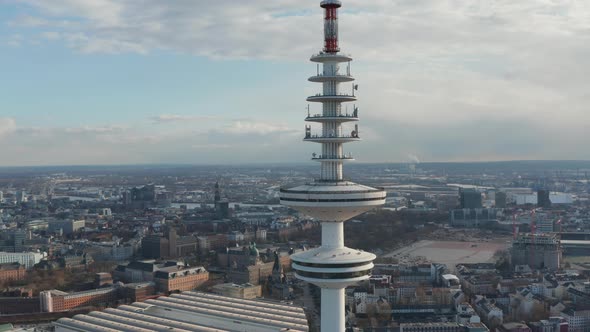 Close Up Aerial View of Observation Deck on Top of Heinrich Hertz TV Tower Rising Above Hamburg alt