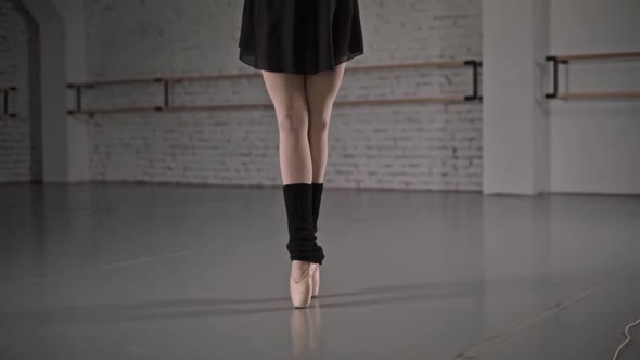 Professional Ballerina in Pointe Shoes and Black Ballet Dress Shows Beautiful Dance Moves