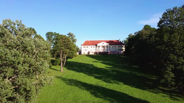 Aerial View of the  Durbe Manor Castle, Tukums, Latvia. Old Mansion of Former Russian Empire.  alt