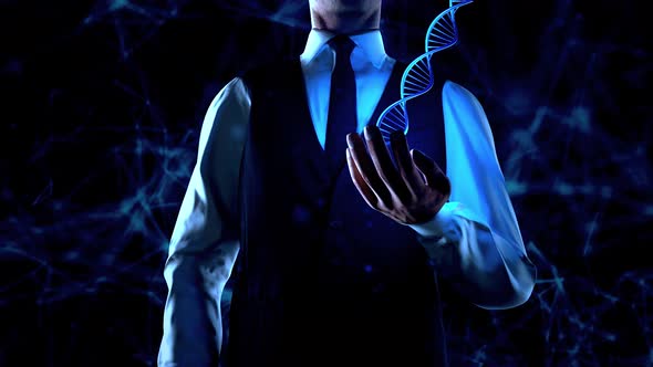 Businessman Holds Human Dna In Left Hand With Plexus Network Connection Lines 4k alt