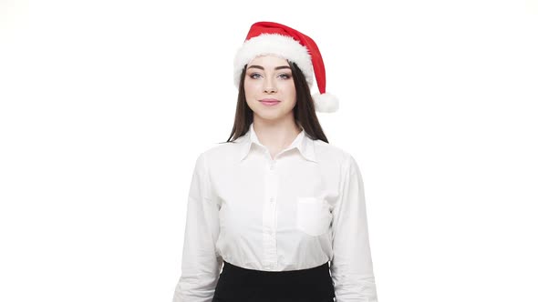 Slow Motion Happy Young Business Woman Giving Parcel Christmas Box To Camera. alt