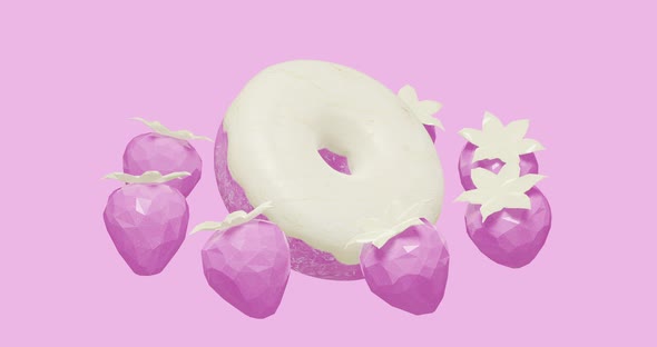 Minimal motion design. 3d creative glazed donuts and strawberry in pink abstract space. 