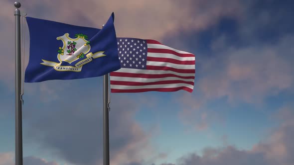 Connecticut State Flag Waving Along With The National Flag Of The USA - 2K alt