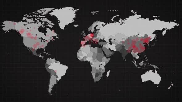 Animation of the world map and countries turning red through circles in a dark background alt