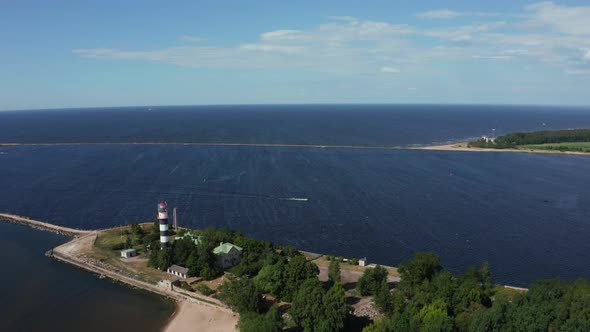 Aerial View of the Lighthouse and Mole at River Daugava in Latvia alt