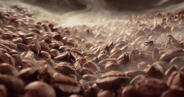 Close Up of Seeds of Coffee. Fragrant Coffee Beans Are Roasted Smoke Comes From Coffee Beans alt