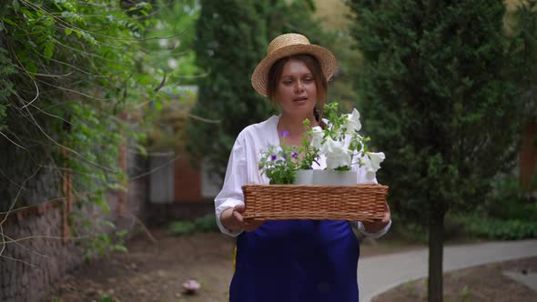 Dolly Shot of Confident Satisfied Woman in Straw Hat Walking with Flower Pots in Slow Motion on alt