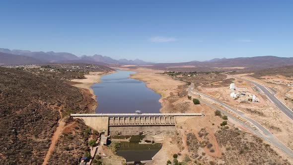 Aerial footage over the very dry Clanwilliam dam, in the Olifantsriver in the drought stricken Weste alt