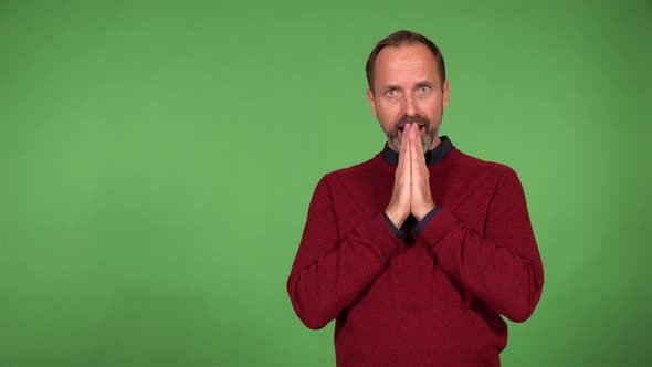 A Middleaged Handsome Caucasian Man is Excited and Laughs at the Camera  Green Screen Background