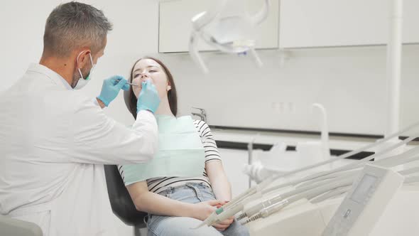 Young Female Patient Getting Her Teeth Examined By Dentist