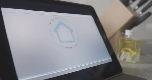 Smart Home control screen activated by finger touch. Overview of functions automated control, Wifi, alt