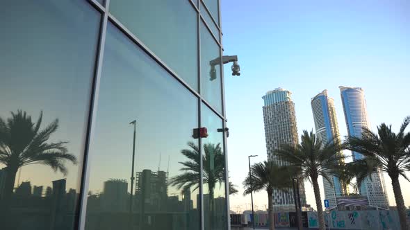 Skyscrapers and Palm Trees Are Reflected in the Building