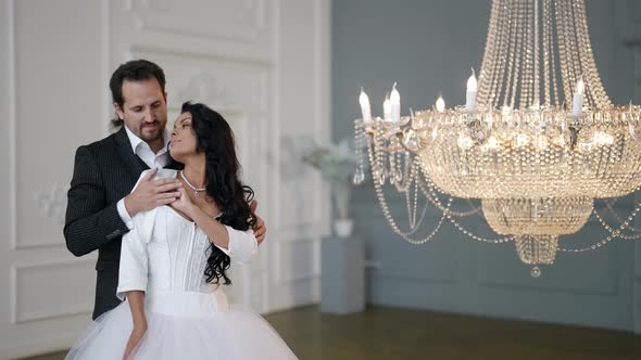 Beautiful Love Story of Just Married Couple Happy Wedding Day Pretty Brunette in White Dress alt