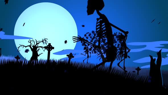 A scary night on the graveyard. The skeletons are walking against the moon.