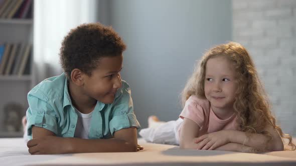 Cute Little Children Clumsily Flirting with Each Other, First Childhood Love alt