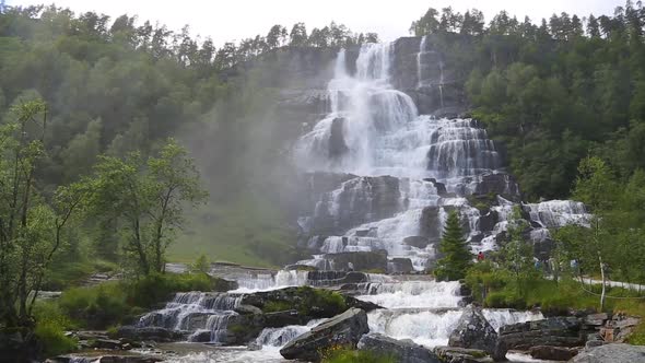 Falls in Mountains of Norway in Rainy Weather