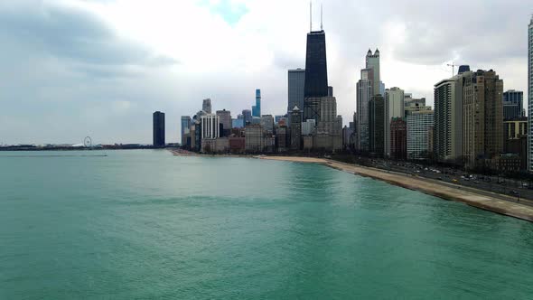 Aerial view chicago downtownJohn Hancock Center, seen from lake michigan alt