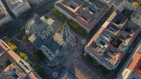 Aerial of St. Stephen's Basilica and its courtyard in Budapest alt