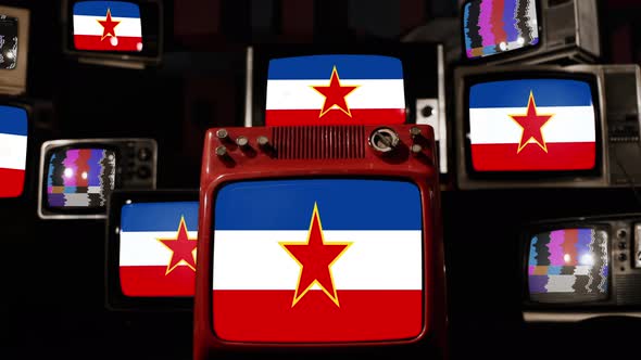 Flag of Yugoslavia on Retro TVs. 4K.