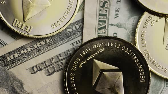 Rotating shot of Bitcoins (digital cryptocurrency) - BITCOIN ETHEREUM 200 alt