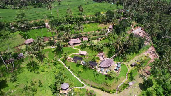 aerial circling an eco bamboo restaurant in ubud bali indonesia on a sunny summer day alt